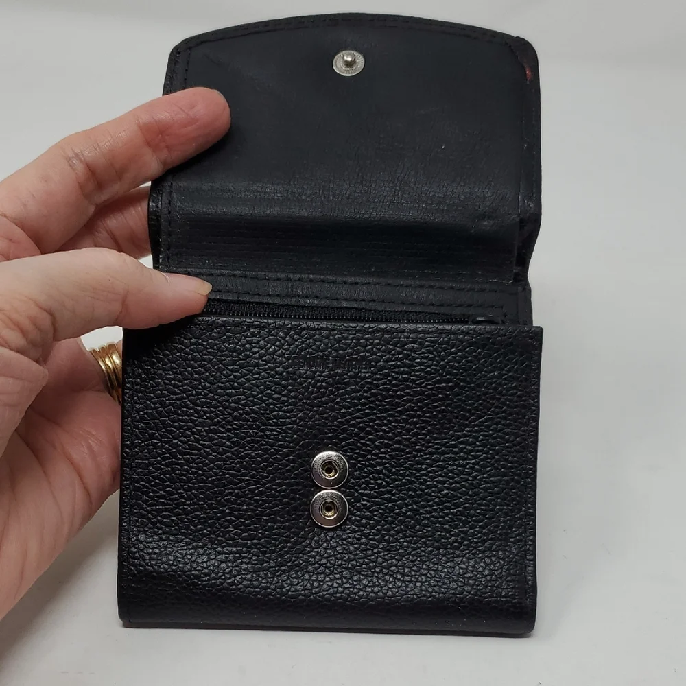 Black Leather Tri-fold Wallet With Cross Embrossed On Front